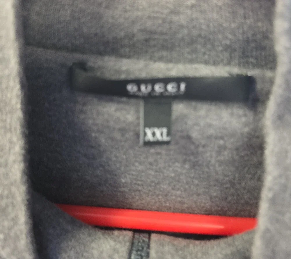 Gucci Men's Gray Zip-Up Sweater with Green and Red Chest Stripe